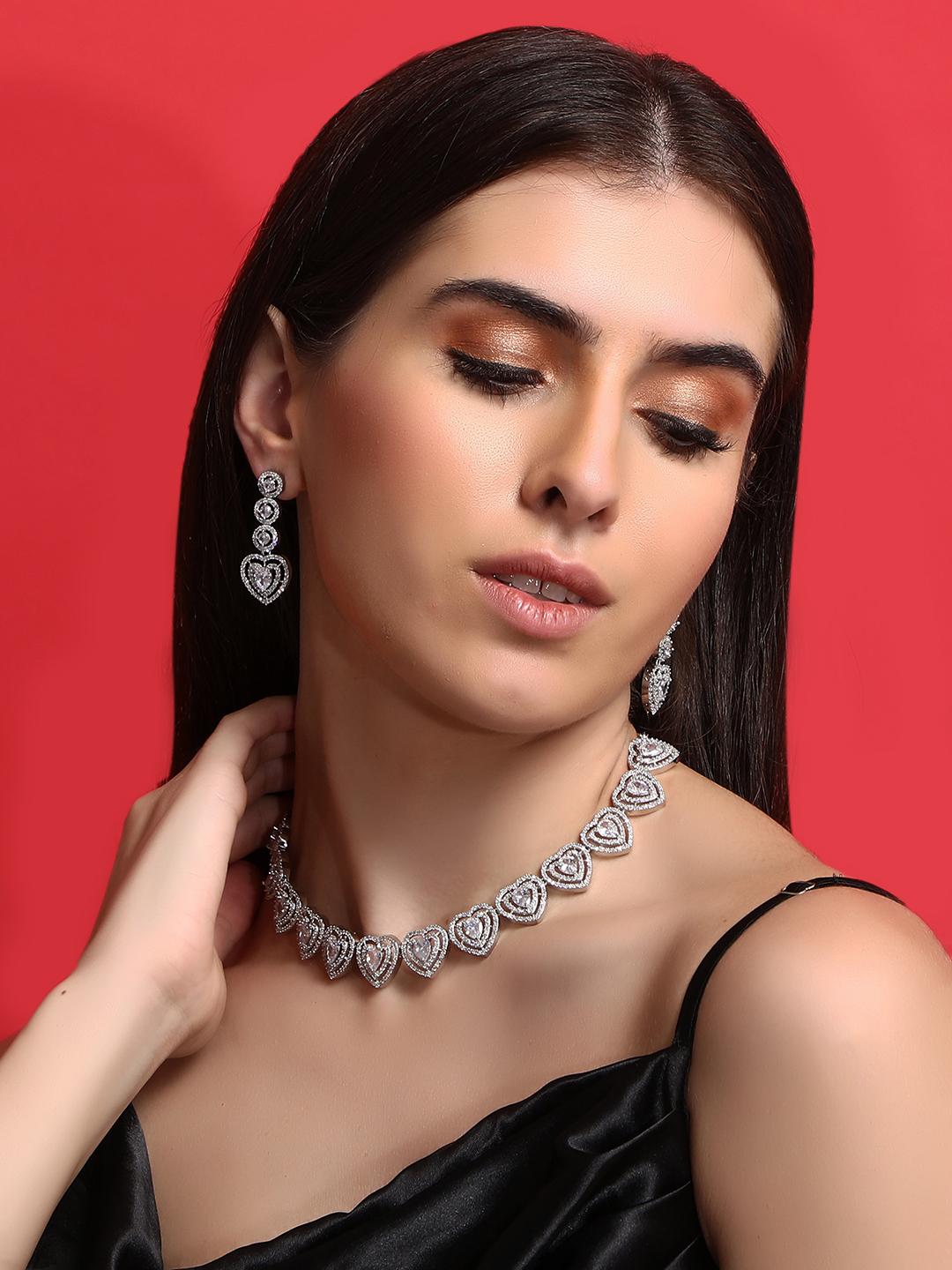 Heart Shaped Rhodium plated American Diamond Necklace Set