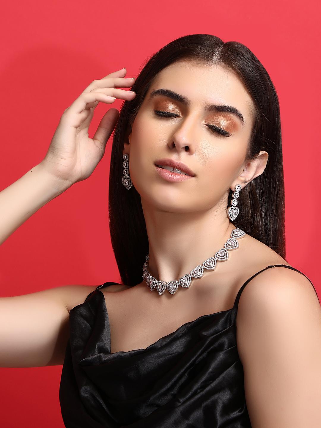 Heart Shaped Rhodium plated American Diamond Necklace Set