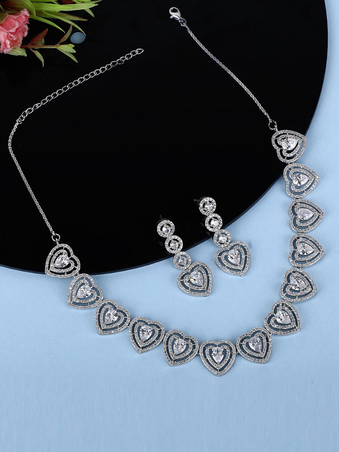 Heart Shaped Rhodium plated American Diamond Necklace Set