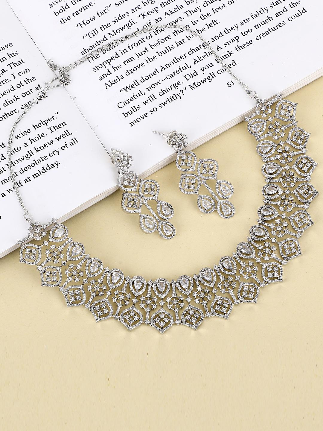 Dazzling Rhodium Plated American Diamond Necklace Set for women