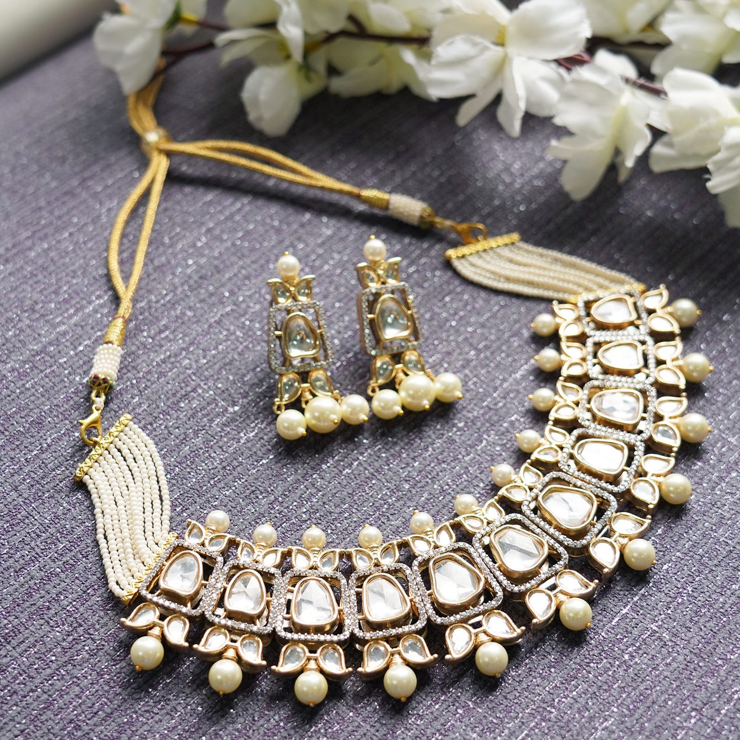 Brilliant Gold Plated Bead & Kundan Polki Necklace Set