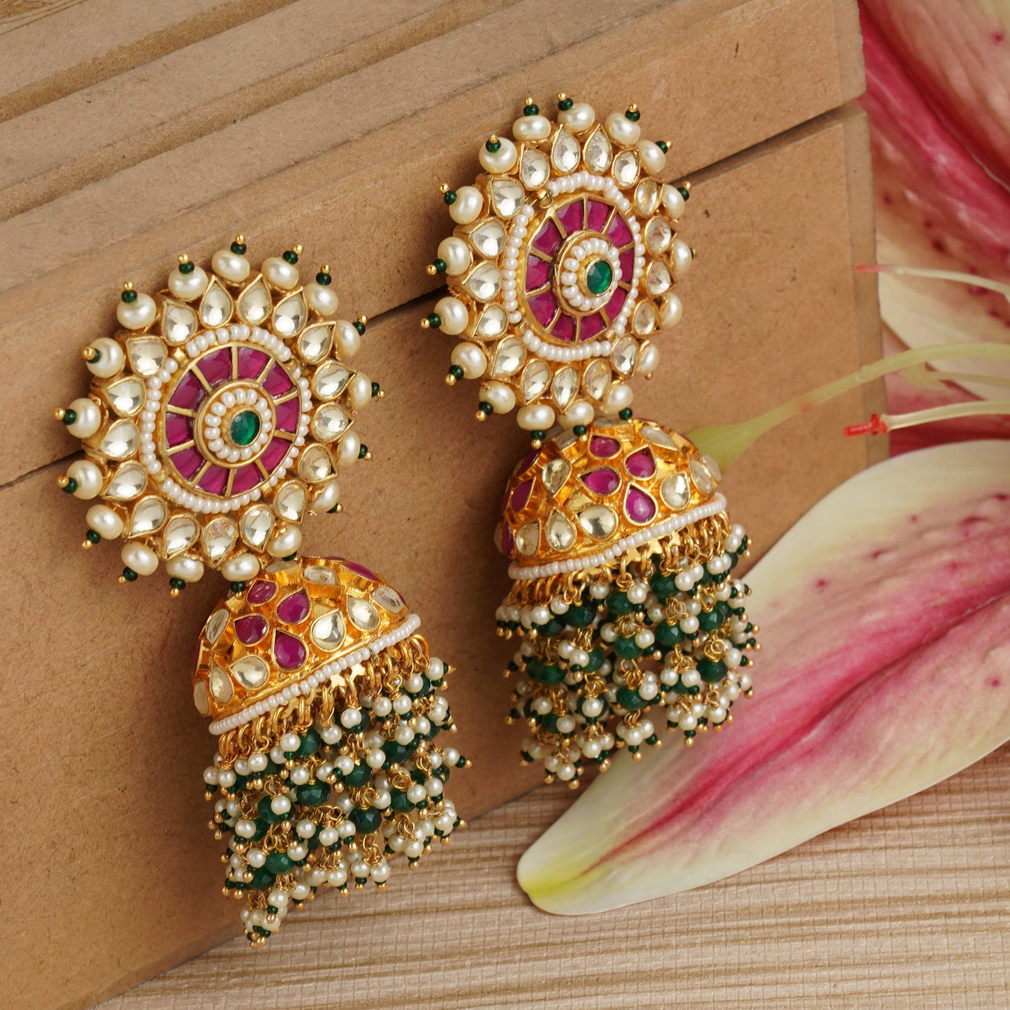 Gold-Plated Kundan Jhumka Earrings with Pink & Green Stones