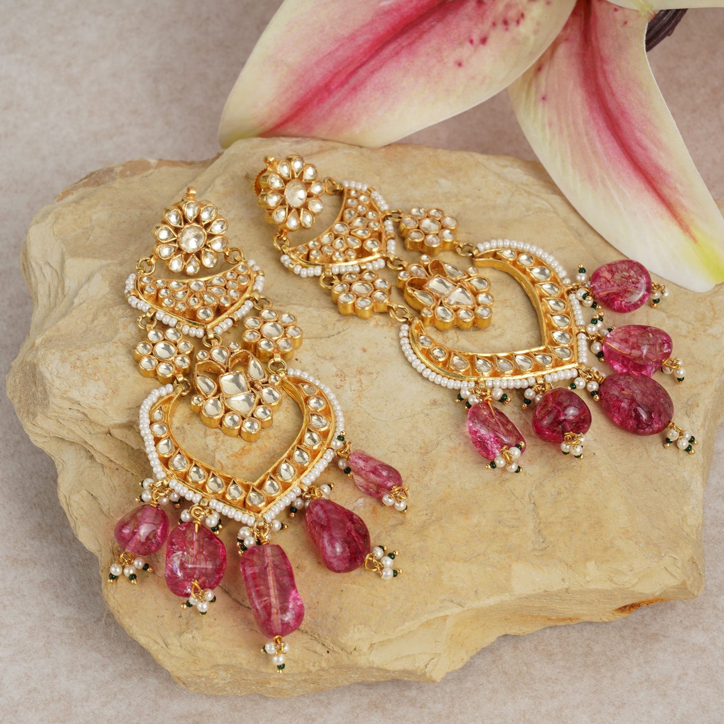 Elegant Kundan Earrings with Pink Stone Drops