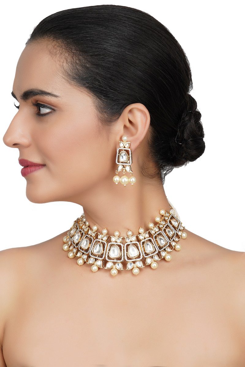 Brilliant Gold Plated Bead & Kundan Polki Necklace Set