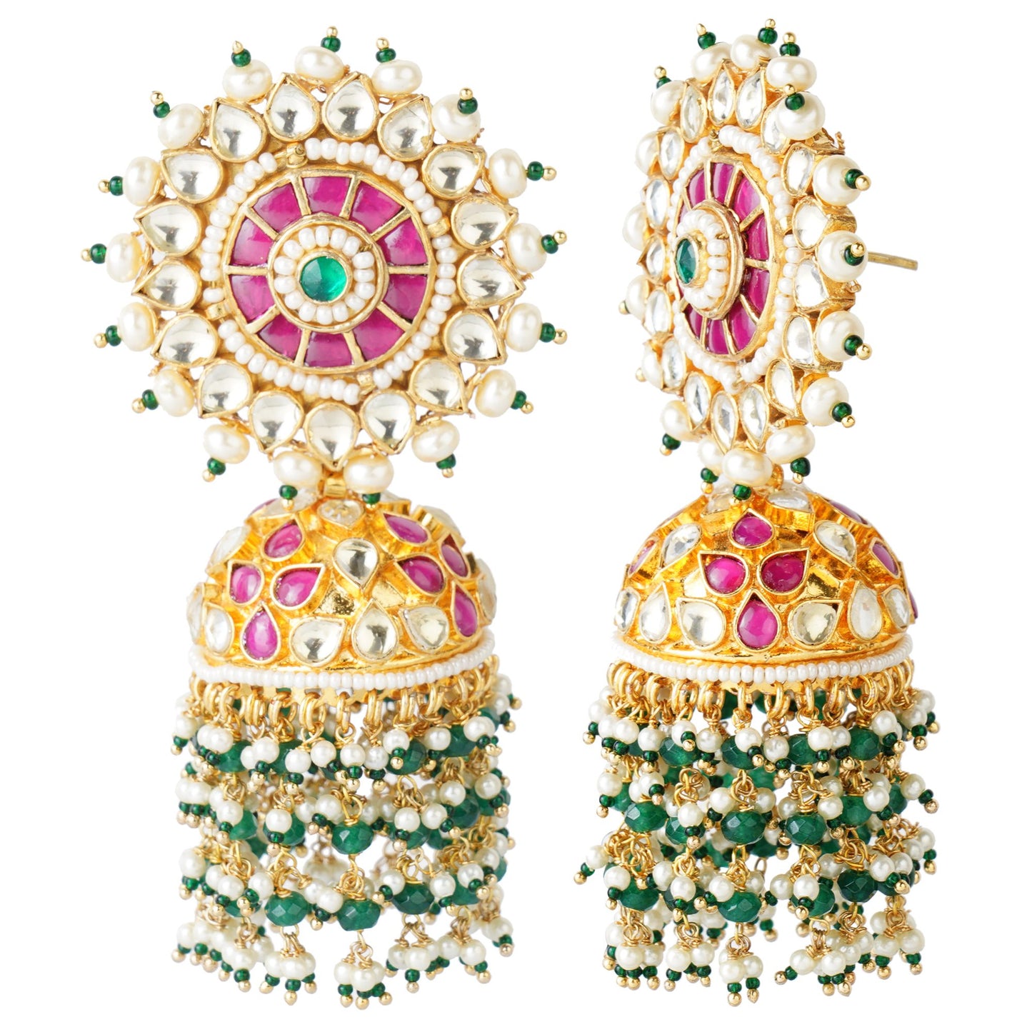 Gold-Plated Kundan Jhumka Earrings with Pink & Green Stones