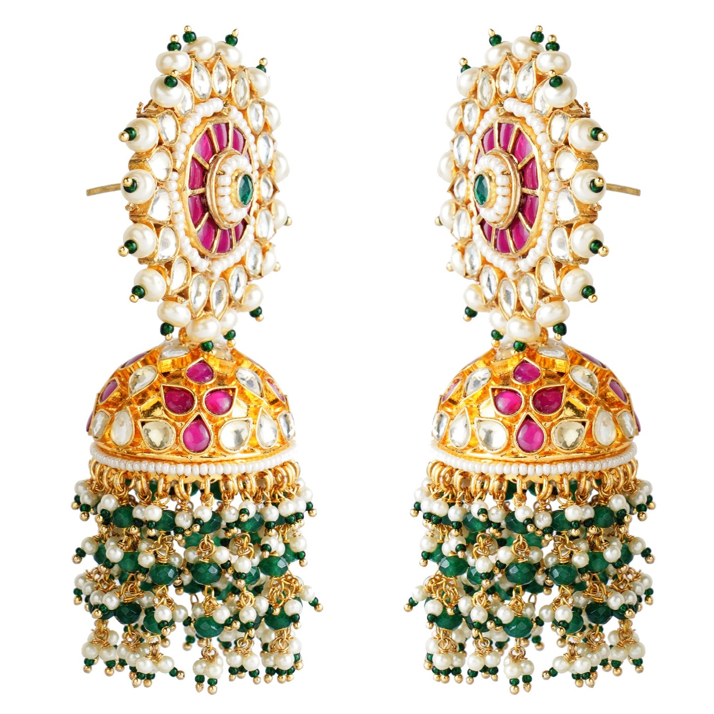 Gold-Plated Kundan Jhumka Earrings with Pink & Green Stones