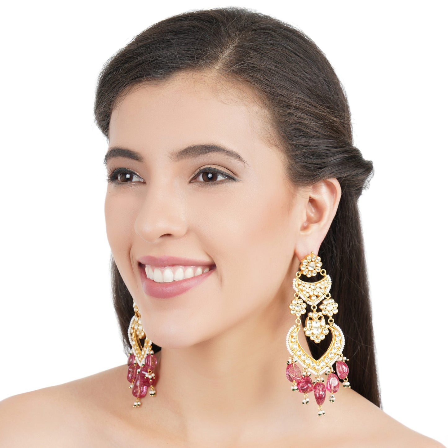 Elegant Kundan Earrings with Pink Stone Drops