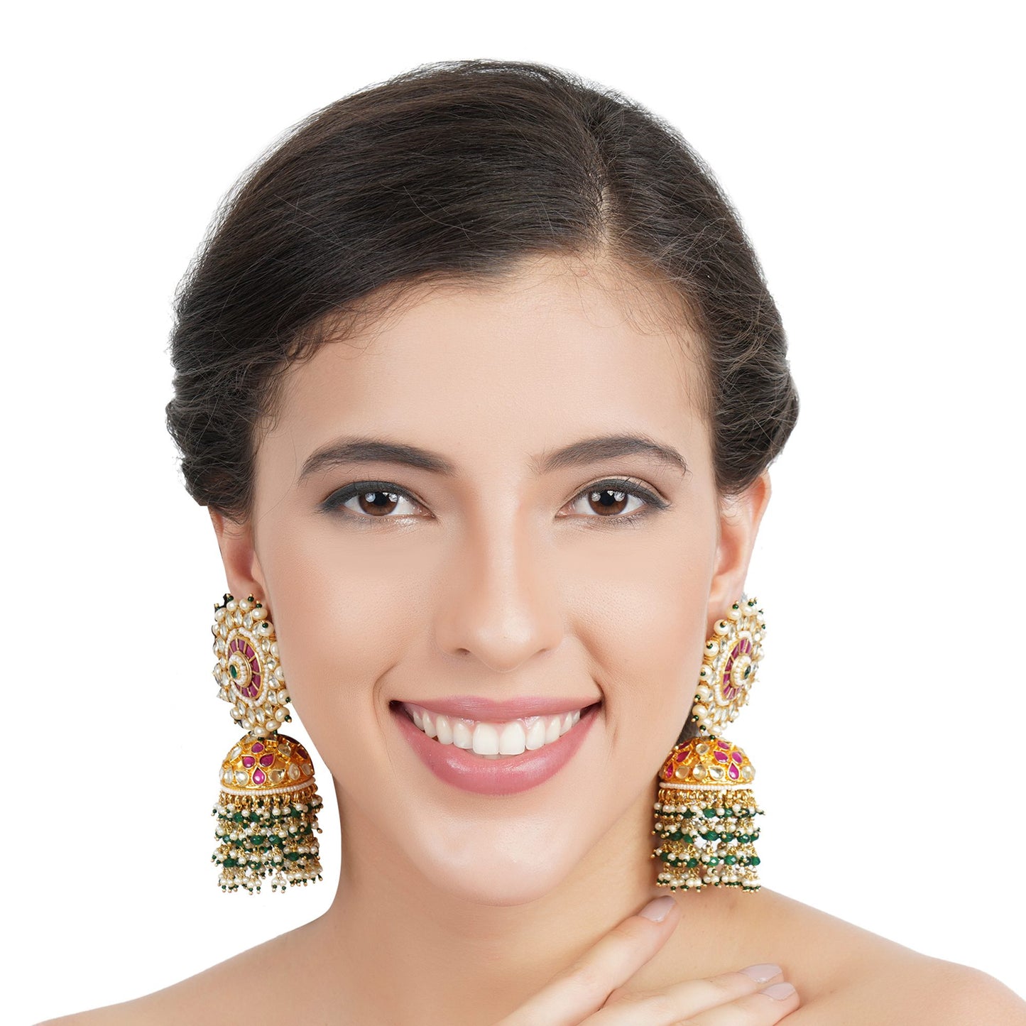 Gold-Plated Kundan Jhumka Earrings with Pink & Green Stones