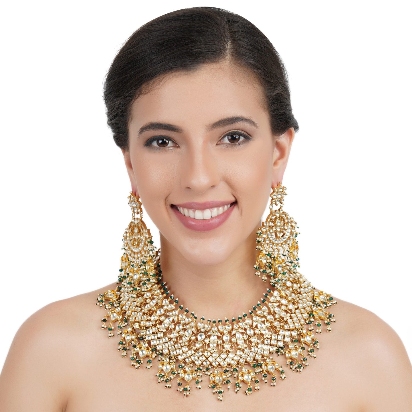 Kundan Necklace Set Plated in 22KT Gold with Pearl and Green Onyx Embellishments: Regal Elegance for Every Occasion