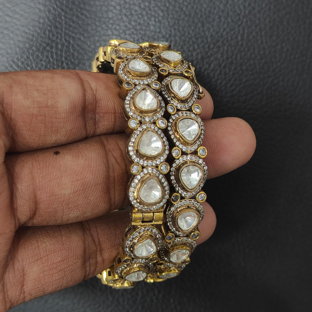 Luxurious tear-drop Kundan gold plated bangles for women – bridal and festive jewelry set