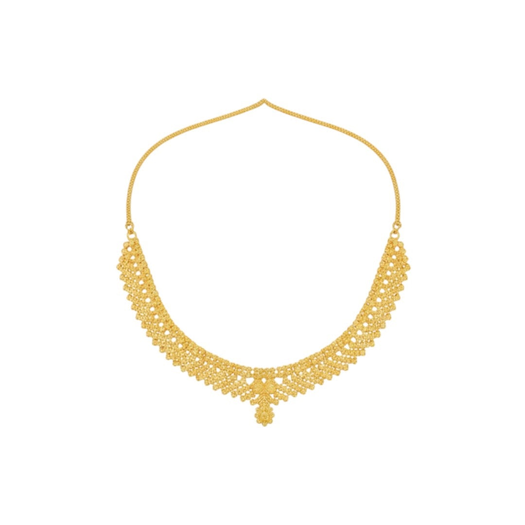 Elegant gold-plated necklace set with pearl-style bead design and matching earrings displayed on a red velvet stand.