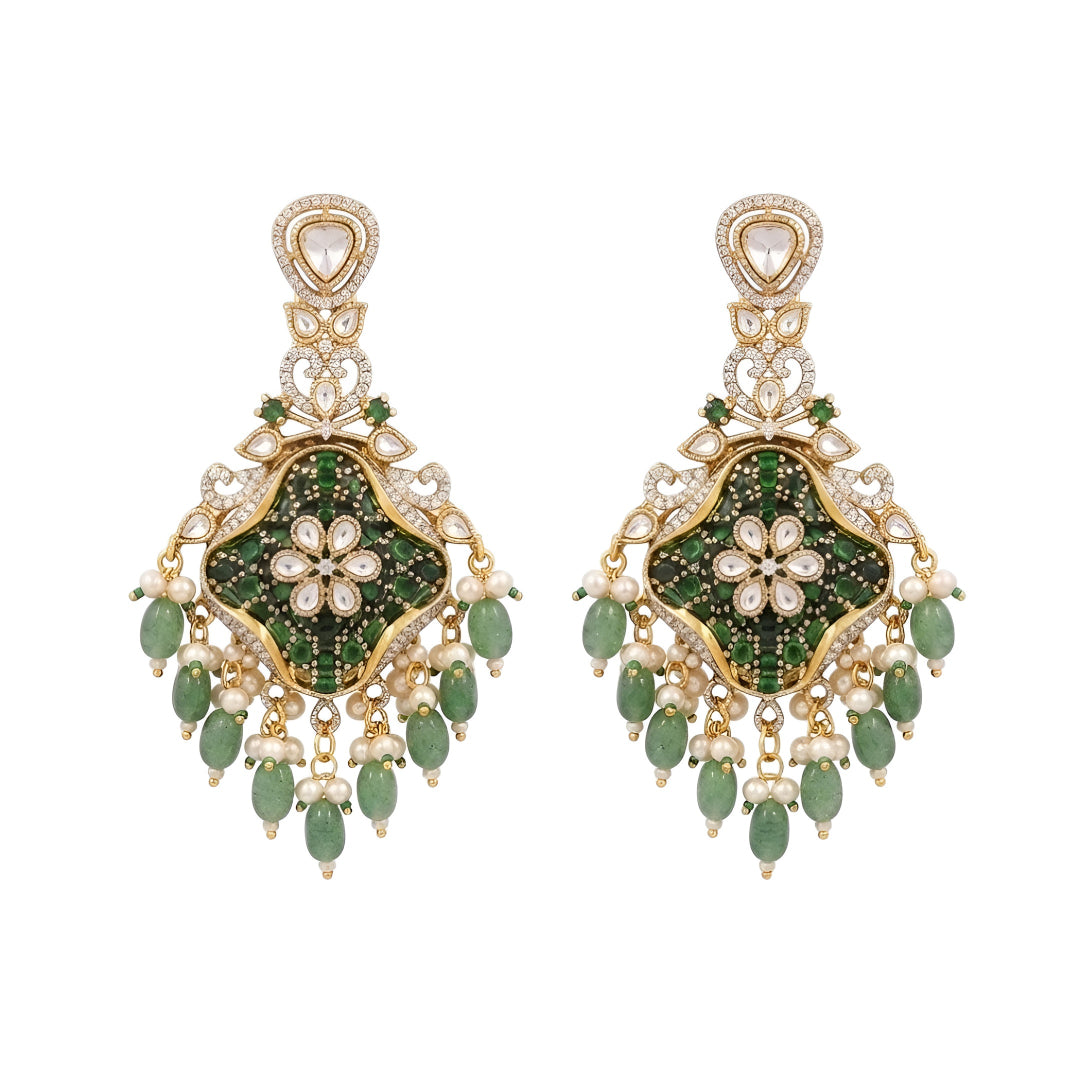 Green Polki Chandbali Earrings for Women | Gold Plated Kundan Pearl Drop Bridal Statement Earrings