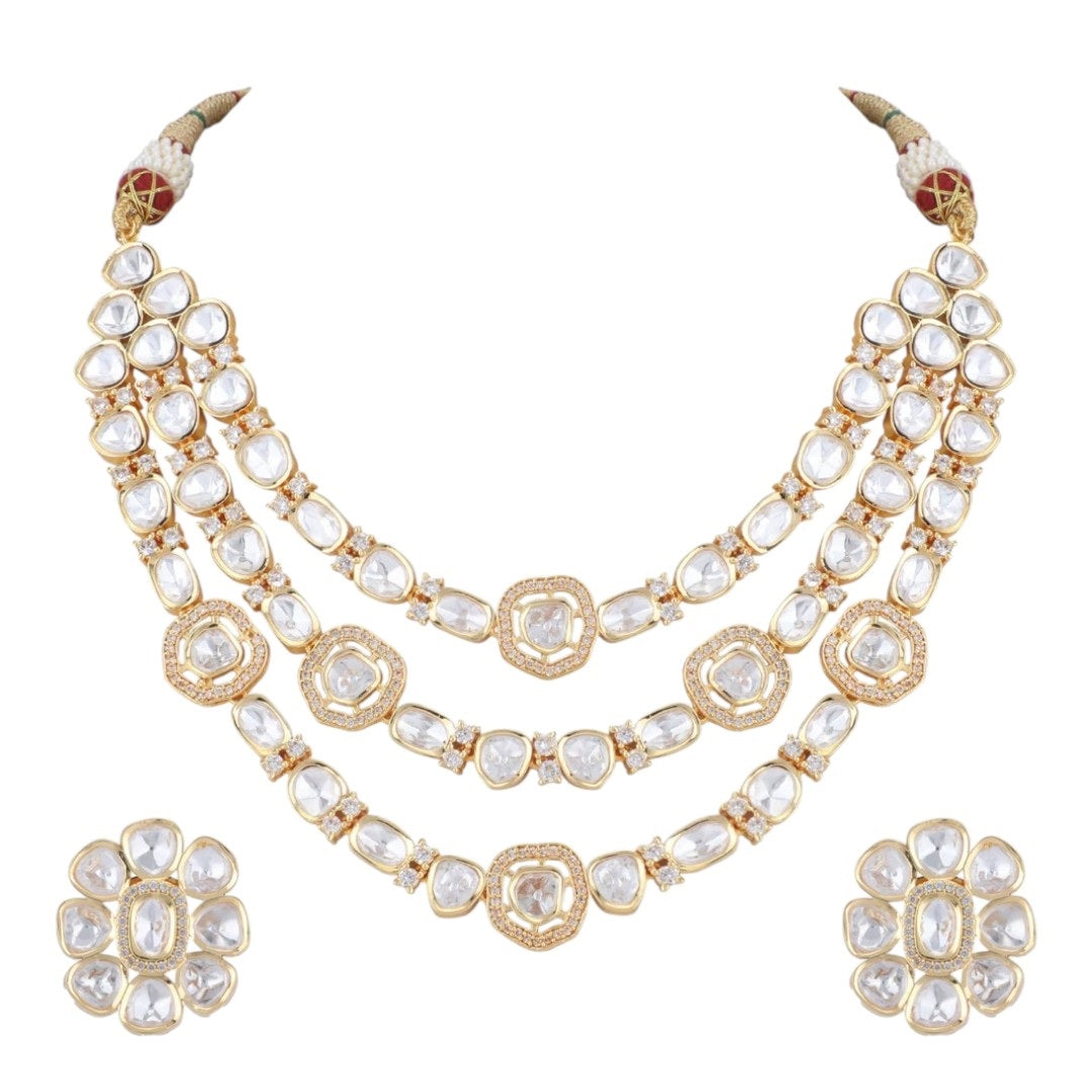 "Bridal Kundan Polki Necklace Set with Earrings – Gold Plated 3 Layer Raani Haar Jewelry"
