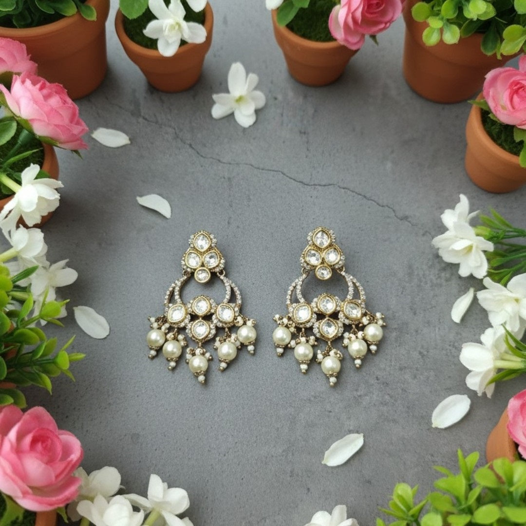 "Gold-plated Kundan Chandbali Earrings with Pearl Drops for Women