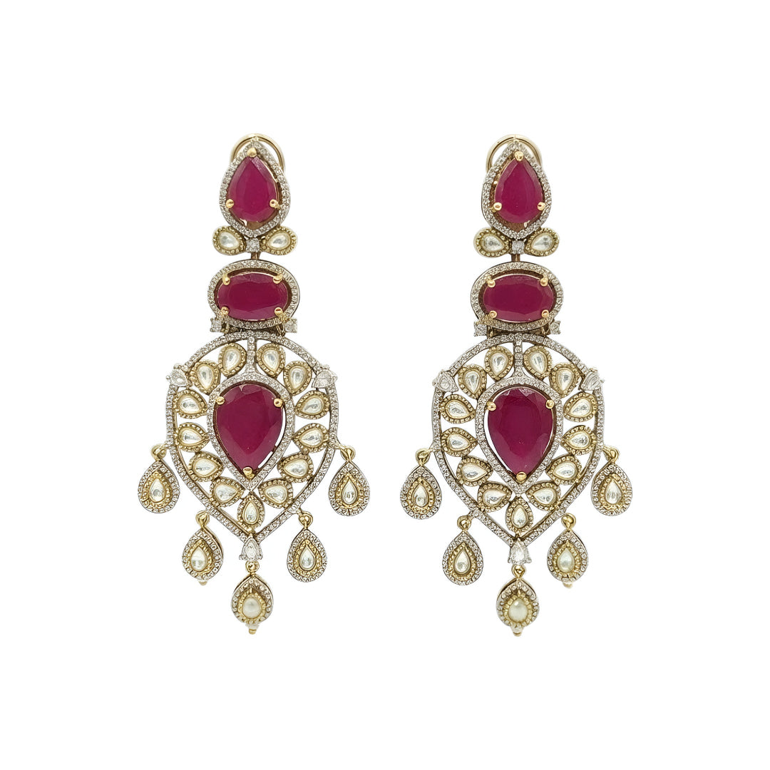 Ruby red stone and Polki gold plated chandelier earrings for women, bridal wedding statement ethnic jewelry with dangling drops.