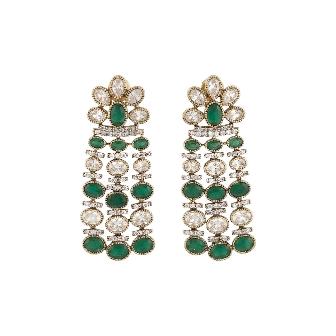 Luxury gold-plated chandelier earrings featuring emerald green oval stones and sparkling American diamonds for women.
