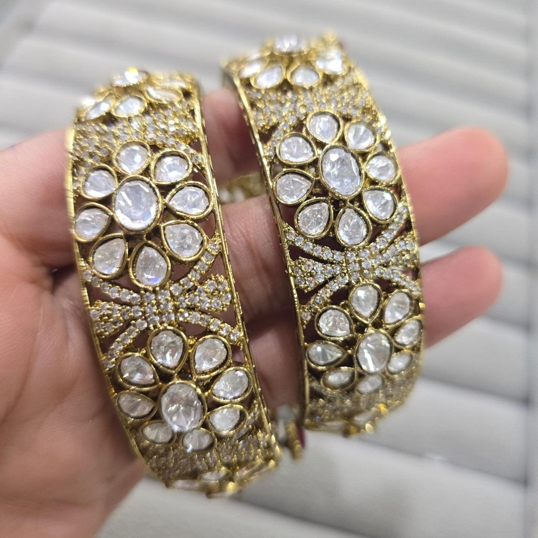 Gold-plated Kundan floral bangles with white stones for women – perfect for weddings and traditional wear