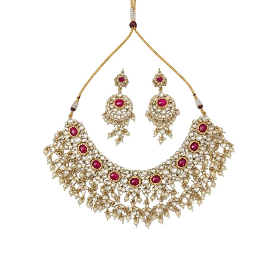 Gold-Plated Kundan Choker Necklace Set with Ruby Red Stones, Pearls & Maang Tikka - Auraa Trends