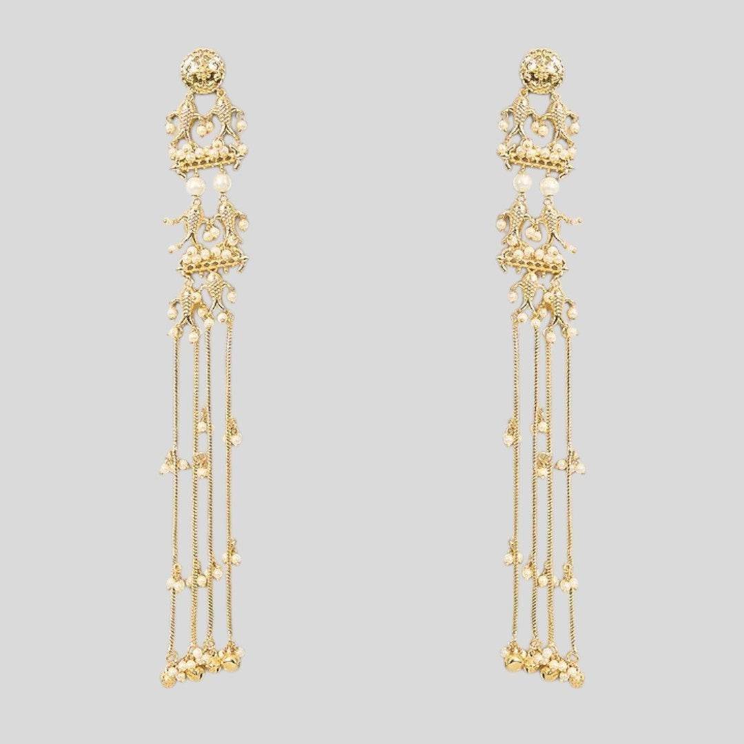 Traditional Long Golden Dangler Earrings with Multi-Strand Pearl Chains - Auraa Trends