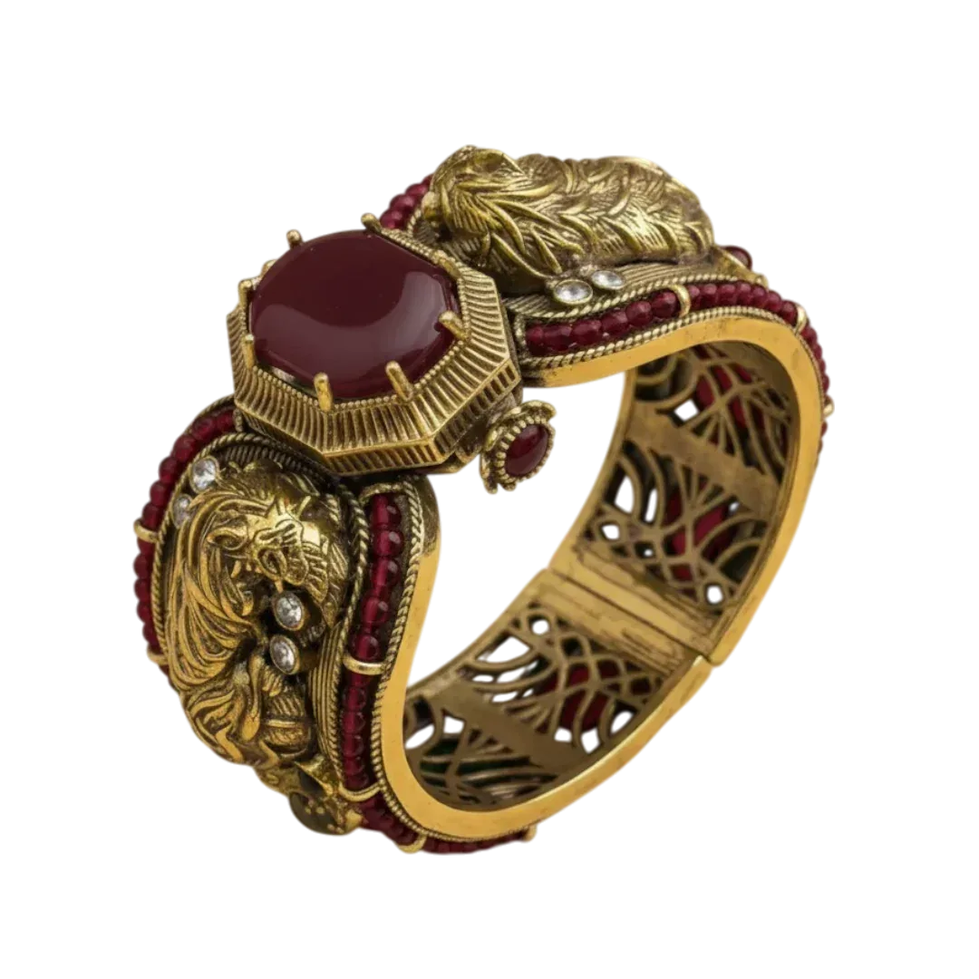 Antique Gold-Plated Green Stone Statement Cuff Bracelet for Women - Auraa Trends