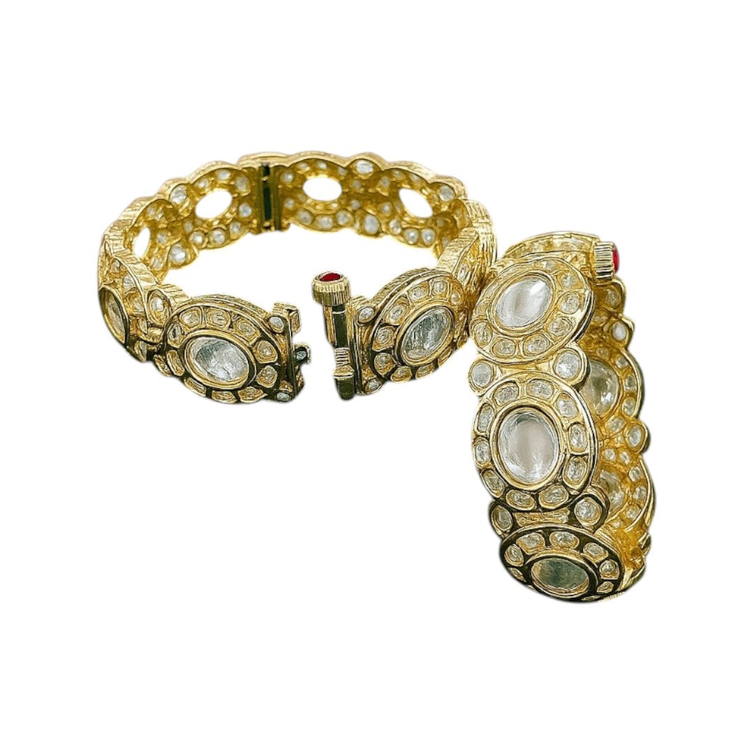 Antique Gold-Plated Kundan Kada Bangles with Red Accents