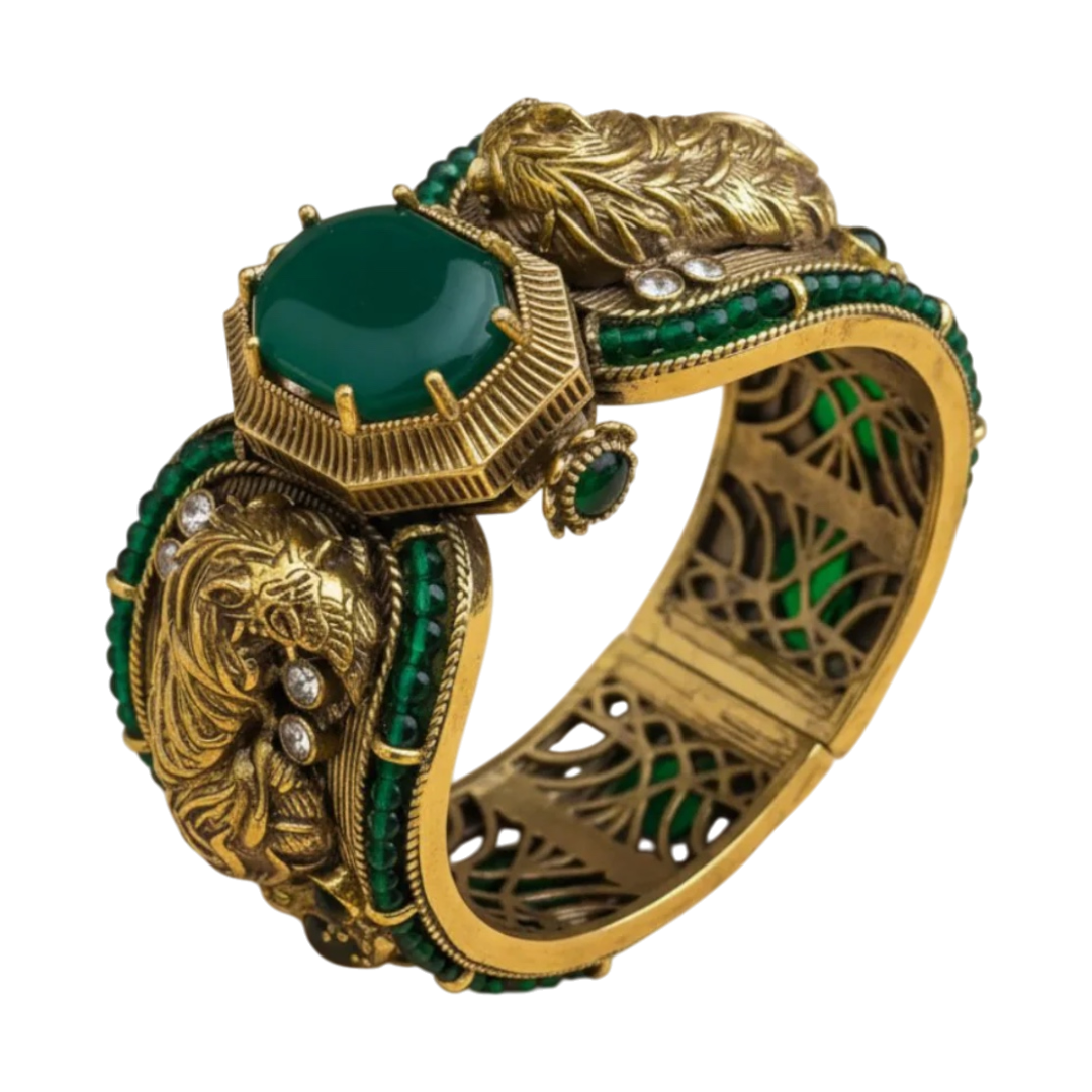 Antique Gold-Plated Green Stone Statement Cuff Bracelet for Women