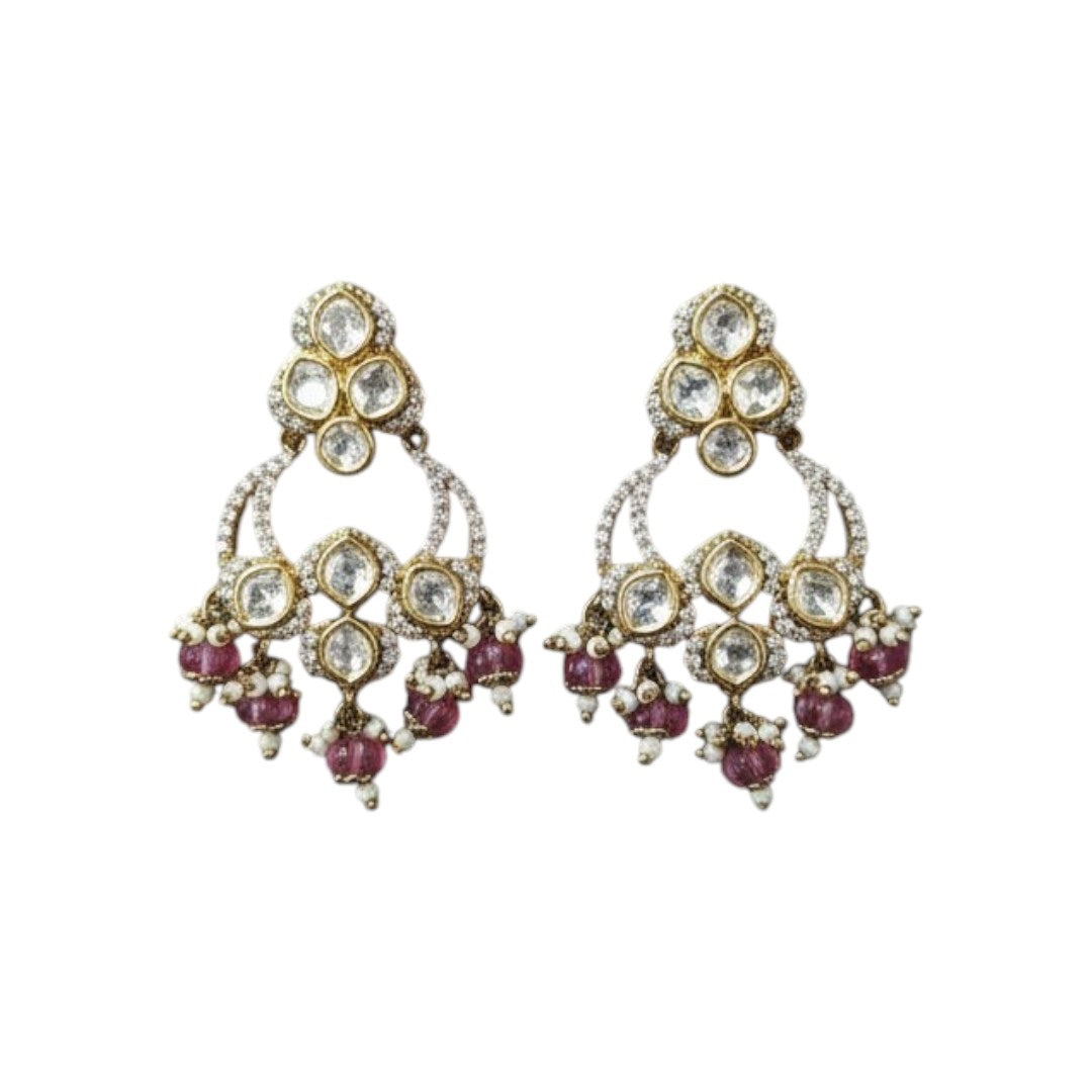 Traditional gold-plated Kundan Chandbali earrings with pink and white beads