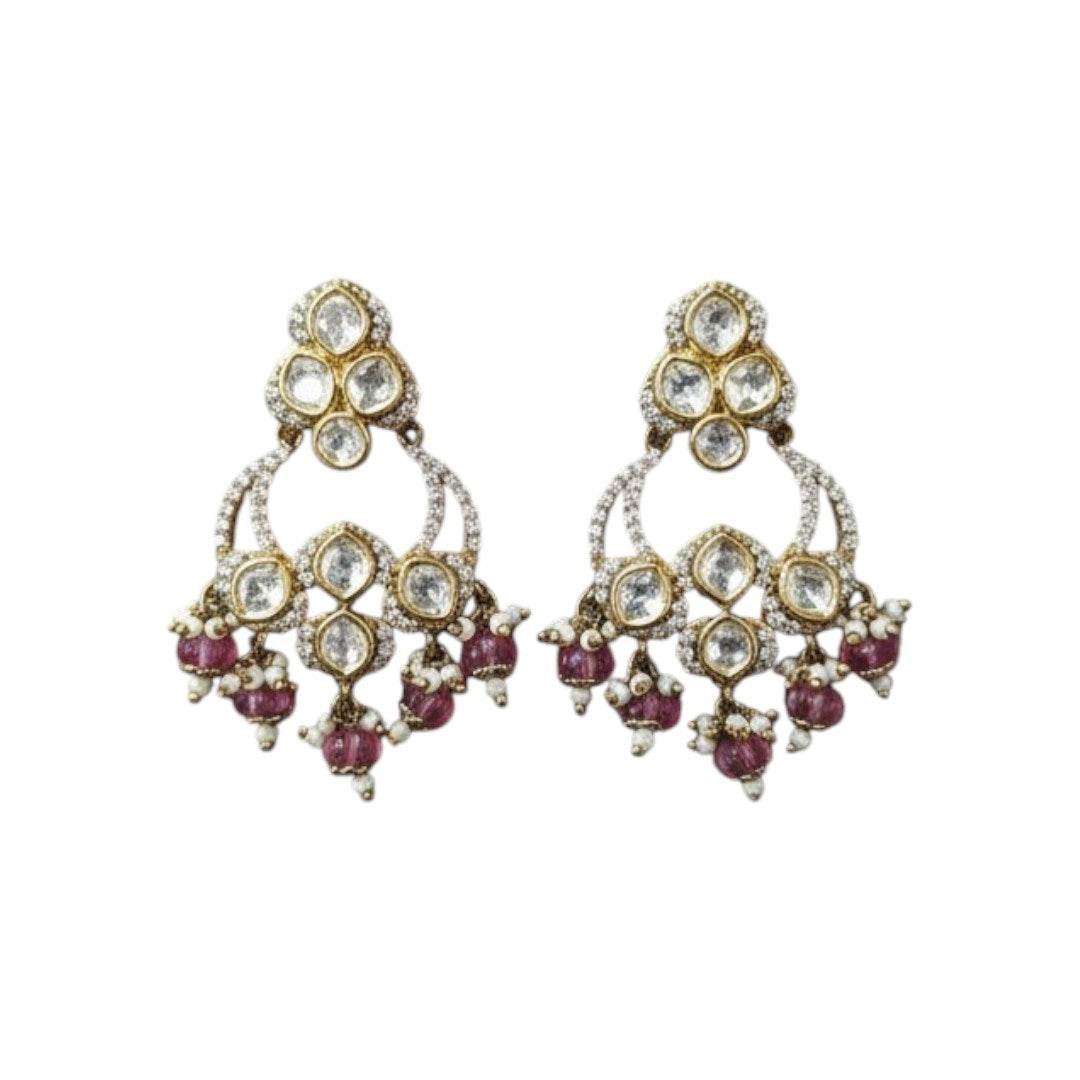 Gold-Plated Kundan Chandbali Earrings with Pink Beads & Pearls for Women - Auraa Trends