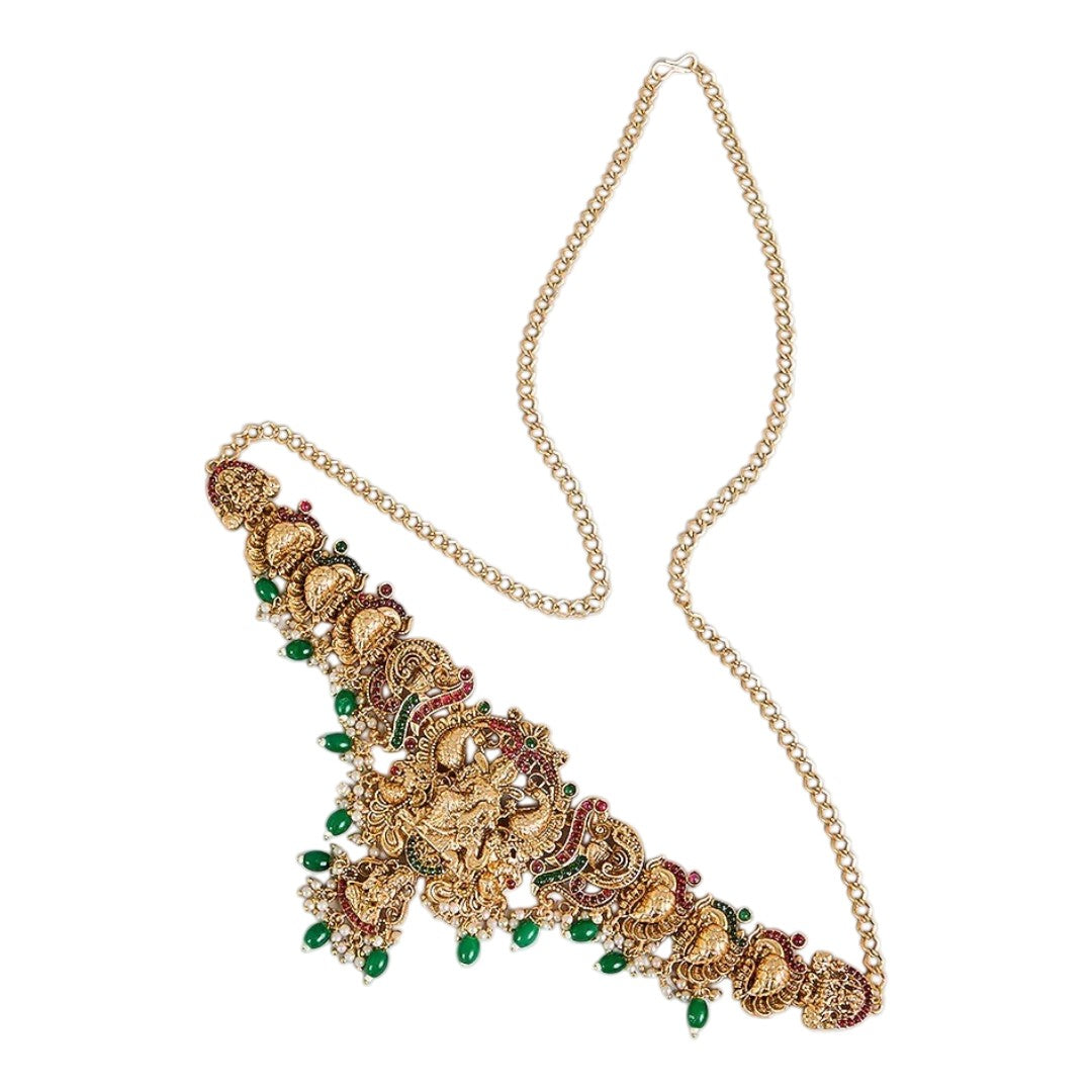 Traditional gold plated Lakshmi temple waist belt (Vaddanam) with green bead drops and pearl accents for bridal, wedding, festive, and classical dance wear.