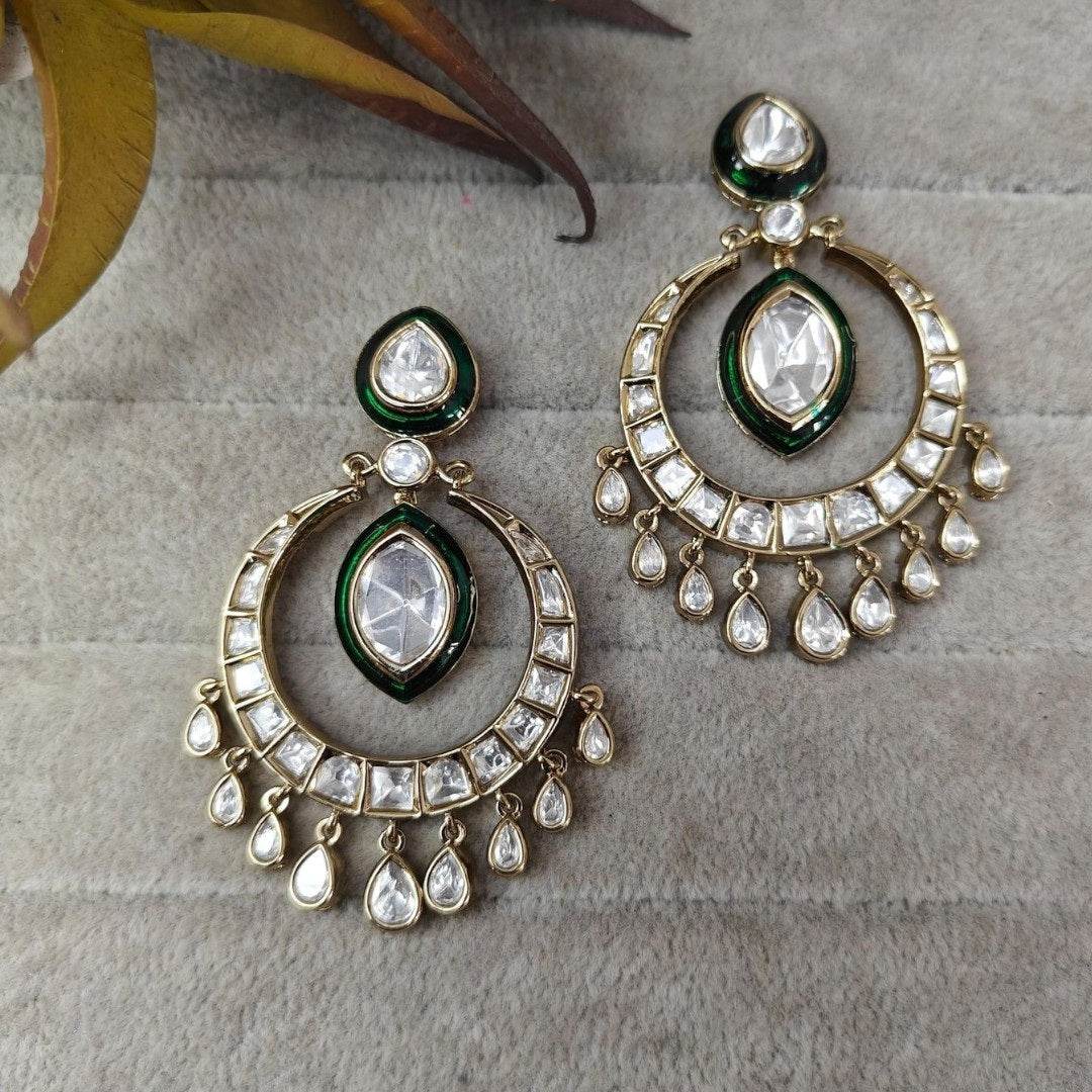 Kundan Mehandi Polish Circular Earrings with Crystal Drops - Auraa Trends