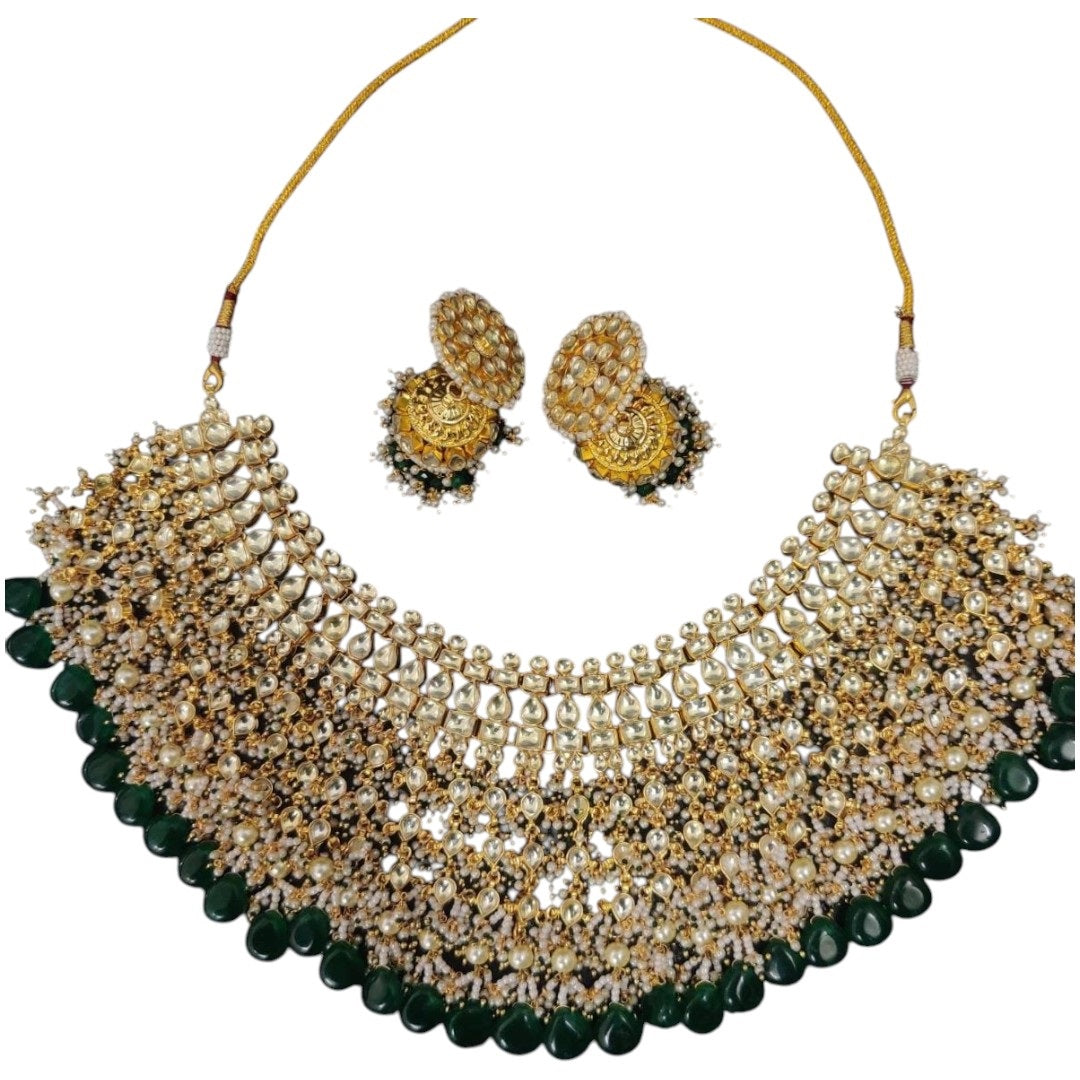 Royal Kundan Pearl & Green Bead Bridal Necklace Set with Jhumka Earrings