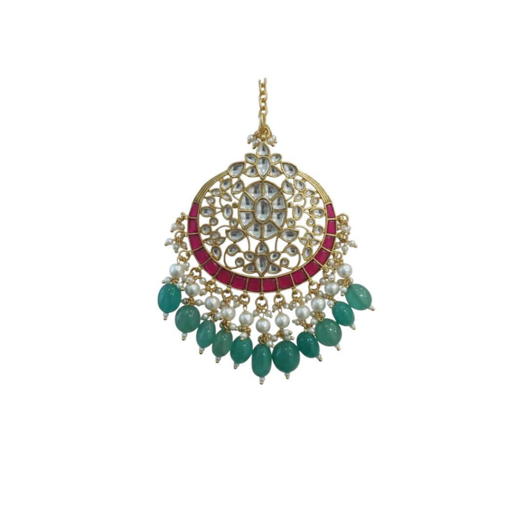 Gold Polki Chandelier Earrings with Red and Green Beads, Traditional Indian Wedding Jewelry