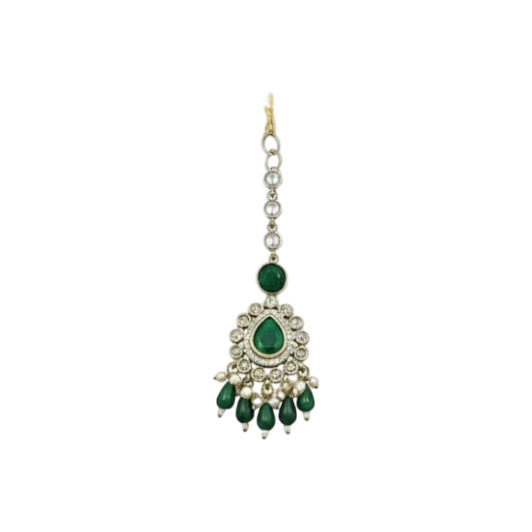 “Green Kundan Polki Bridal Necklace Set with Earrings and Maang Tikka – Gold Plated Wedding Jewelry”