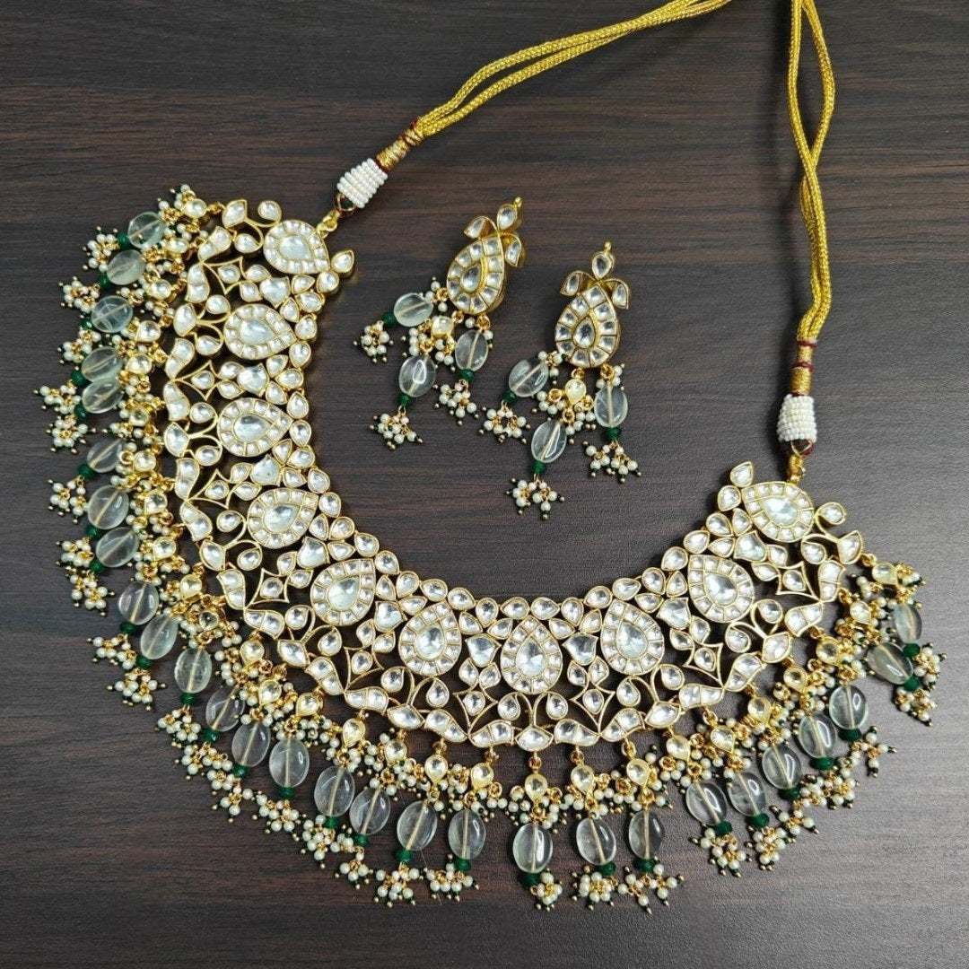 "Kundan Gold-Plated Bridal Choker Necklace Set with Green Beads and Earrings