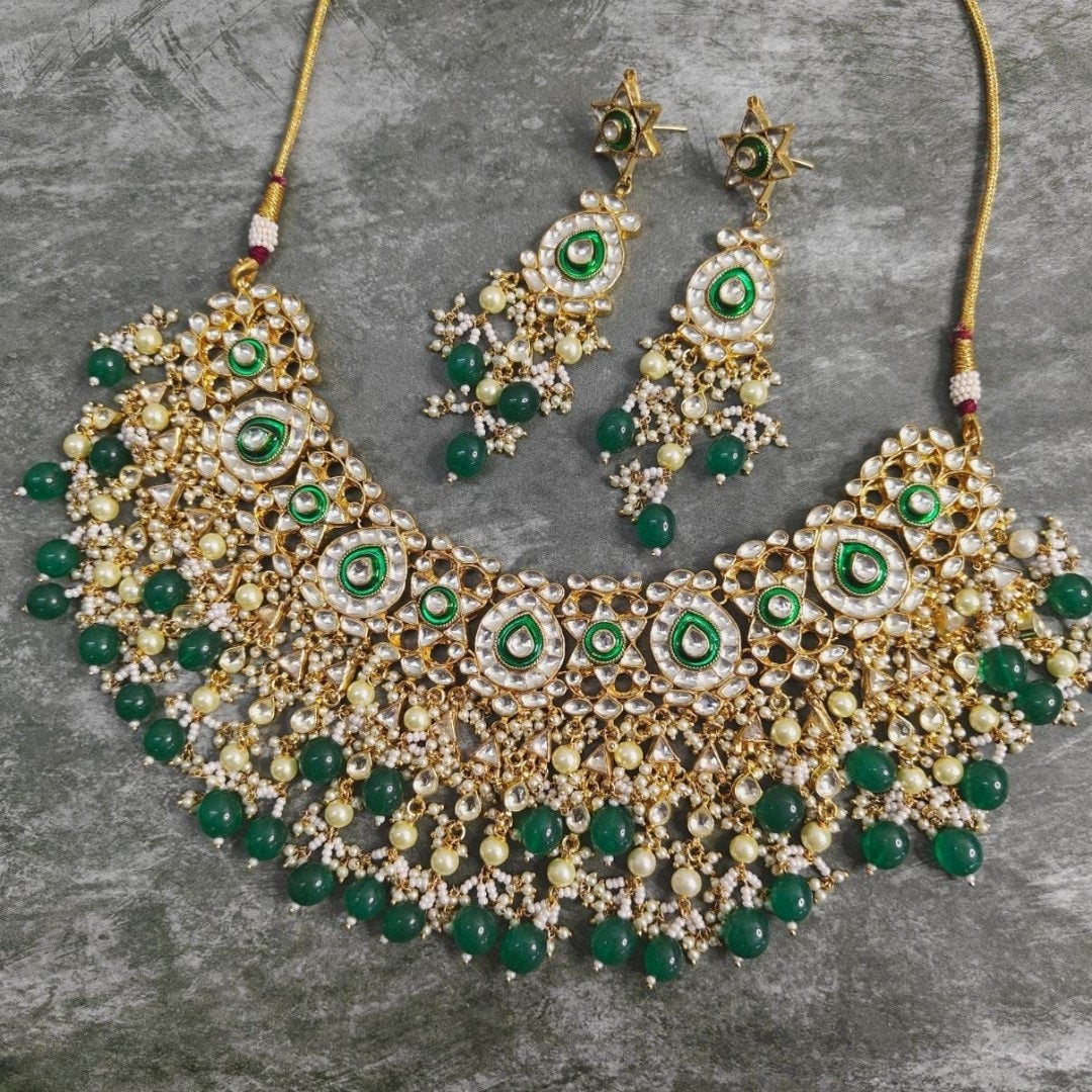 Gold-Plated Kundan Choker Necklace Set with Green Beads & Pearl Drops