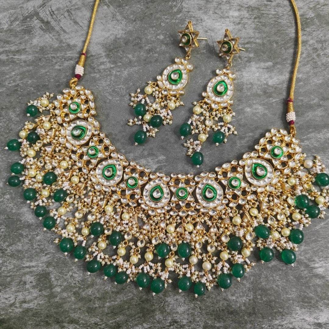 Gold-Plated Kundan Choker Necklace Set with Green Beads & Pearl Drops - Auraa Trends