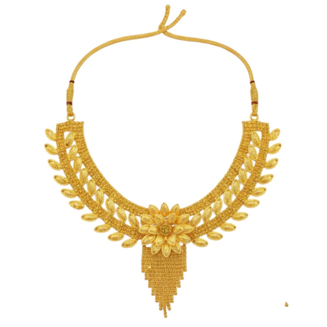 Gold-plated traditional floral necklace set with matching earrings on red display stand – bridal and festive Indian jewelry