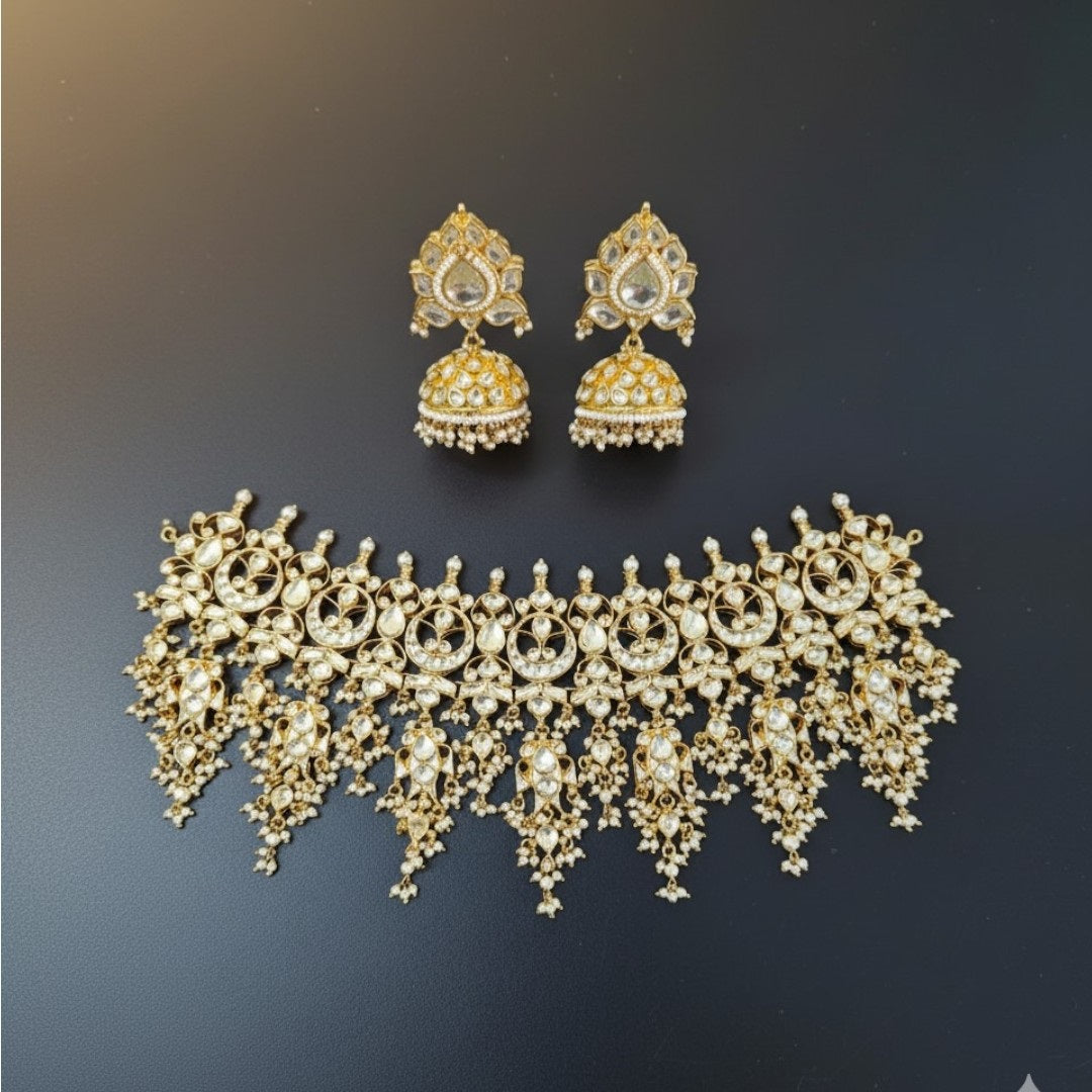 Gold-Plated Kundan Bridal Choker Necklace Set with Pearl Jhumka Earrings