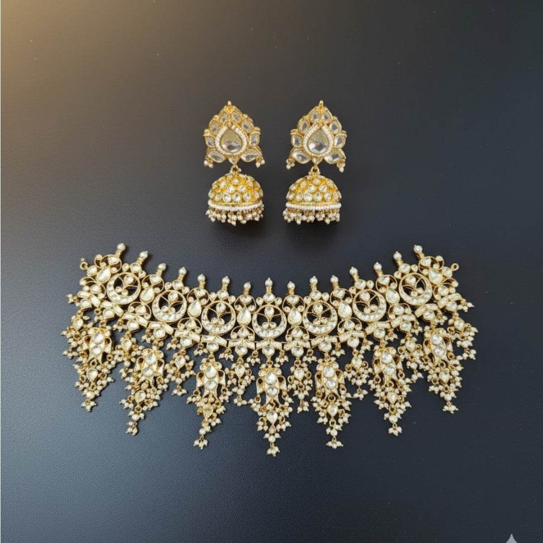 Gold-Plated Kundan Bridal Choker Necklace Set with Pearl Jhumka Earrings - Auraa Trends