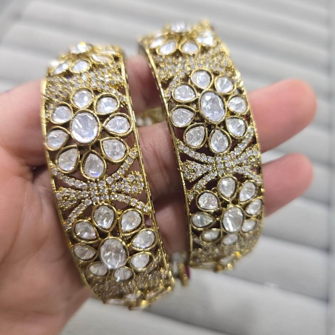 Royal Gold-Plated Kundan Floral Design Bangles for Women
