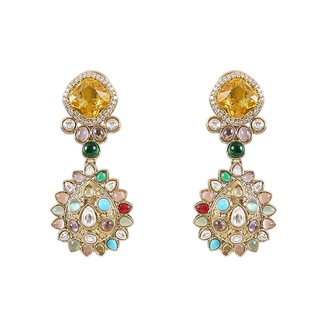 Gold-plated multicolor Kundan drop earrings with yellow crystal stone and pastel gemstone detailing for women