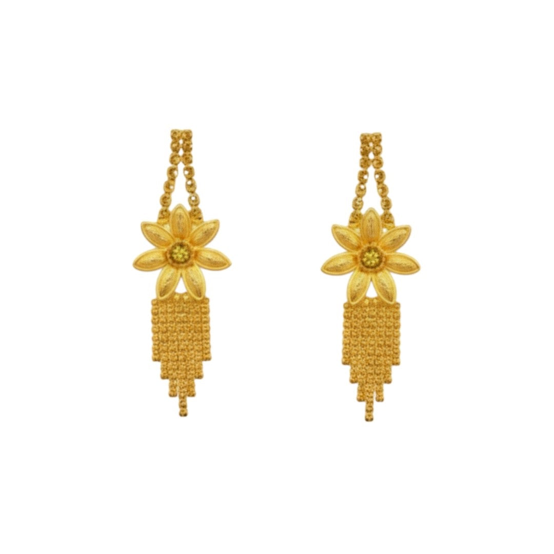 Gold-plated traditional floral necklace set with matching earrings on red display stand – bridal and festive Indian jewelry