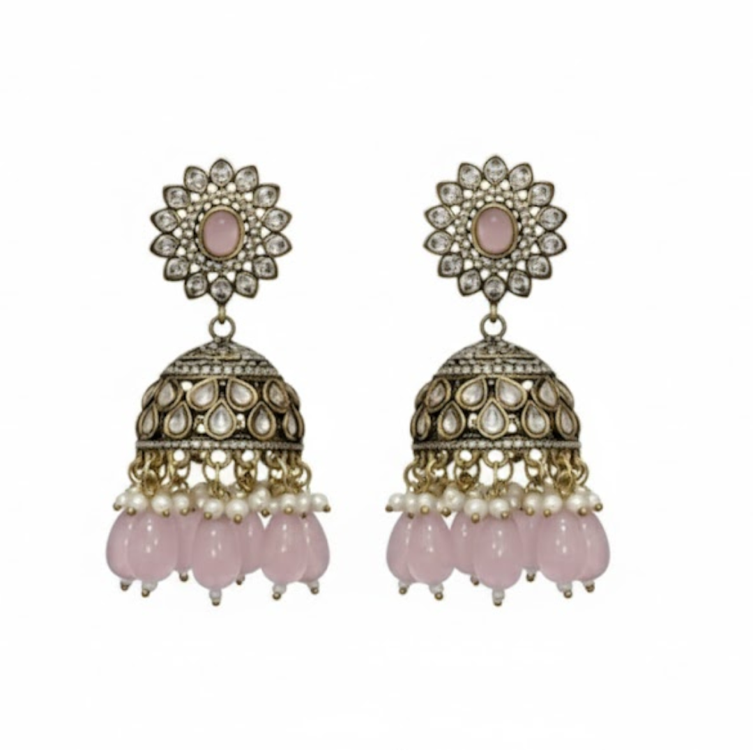 Antique oxidized choker necklace set with pink beads and floral motifs, paired with matching jhumka earrings โ traditional Indian jewelry