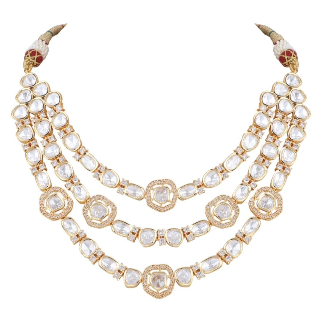 "Bridal Kundan Polki Necklace Set with Earrings – Gold Plated 3 Layer Raani Haar Jewelry"