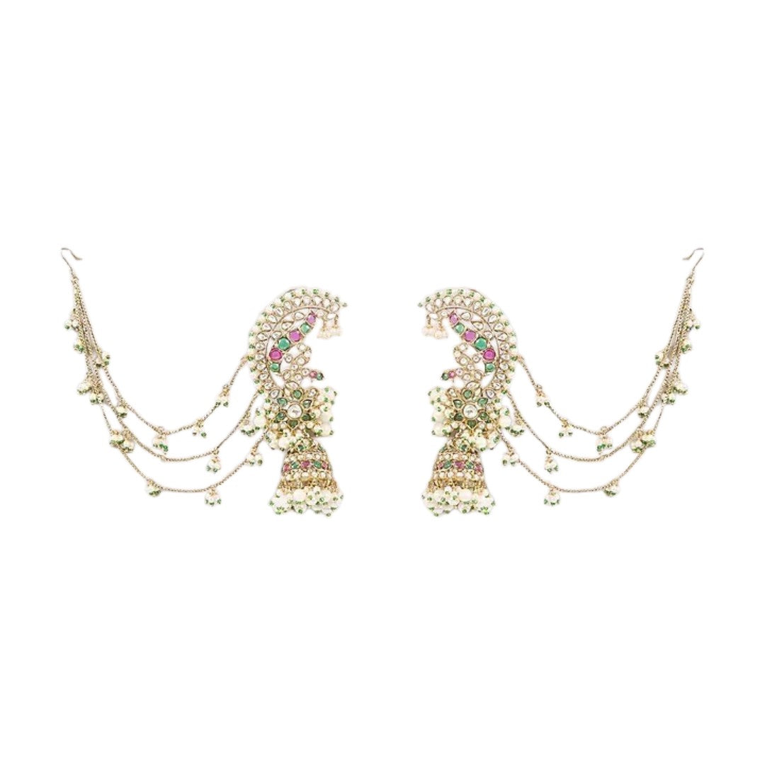 Designer Kundan Ear Cuff Jhumka Earrings with Pearl Chains | Bridal Statement Earrings