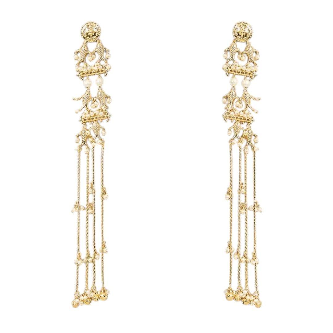 Traditional Long Golden Dangler Earrings with Multi-Strand Pearl Chains - Auraa Trends