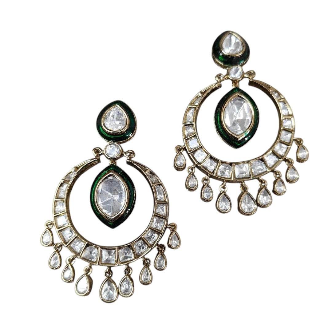 Kundan Mehandi Polish Circular Earrings with Crystal Drops - Auraa Trends