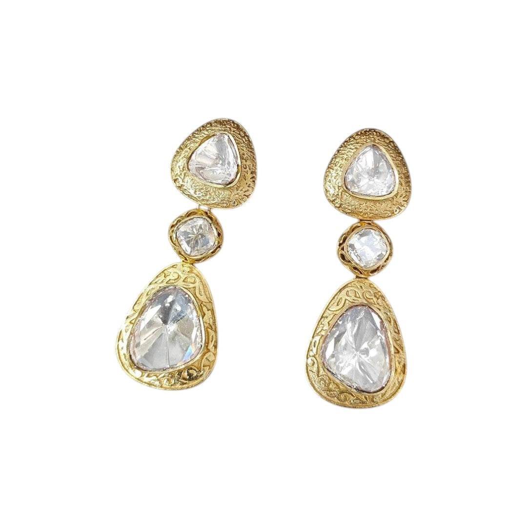 Elegant Gold-Plated Triple Stone Kundan Earrings - Auraa Trends