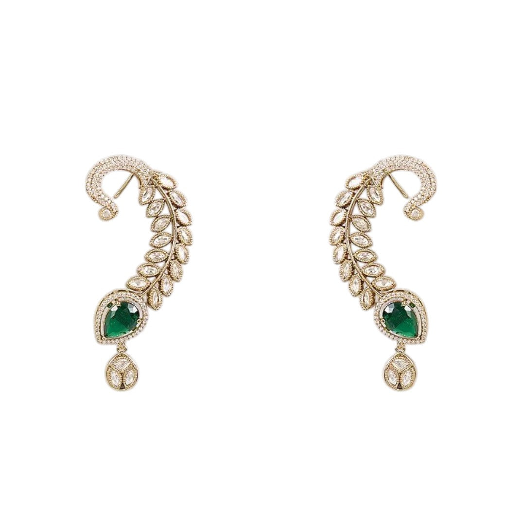 Gold-plated leaf design ear cuff earrings with emerald green teardrop stones and sparkling crystal embellishments for women.