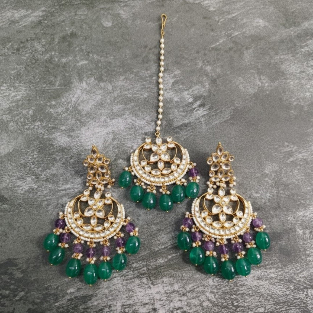 Traditional Kundan Choker Necklace Set with Green & Purple Beads